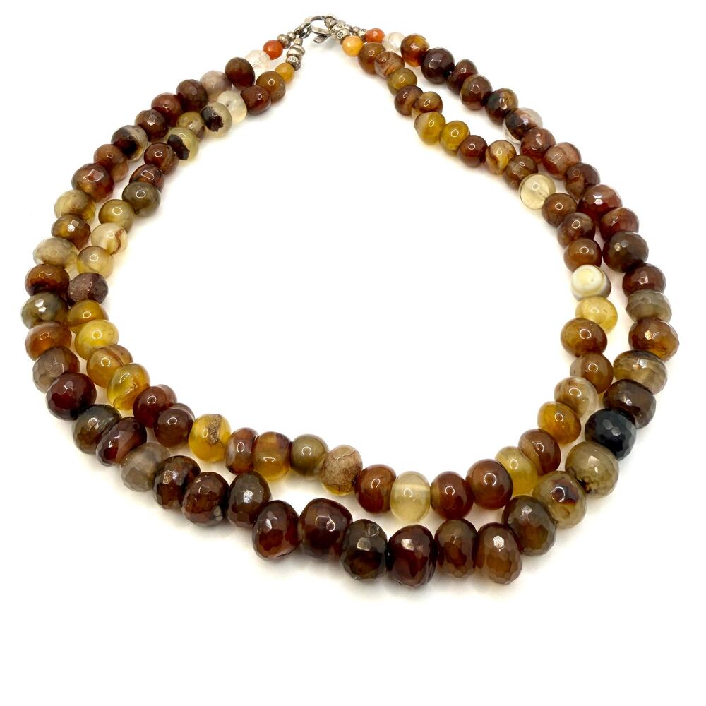 Vintage 90s Multi Earth Tone Agate Sterling Silver Stamped Two Strand Necklace